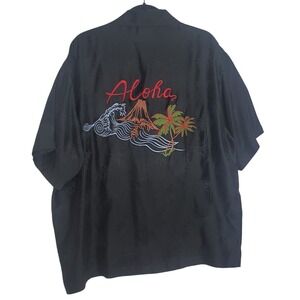 BC Ethic Mens XL Black 100% Silk Aloha Embroidered Hawaiian Camp Shirt Volcano